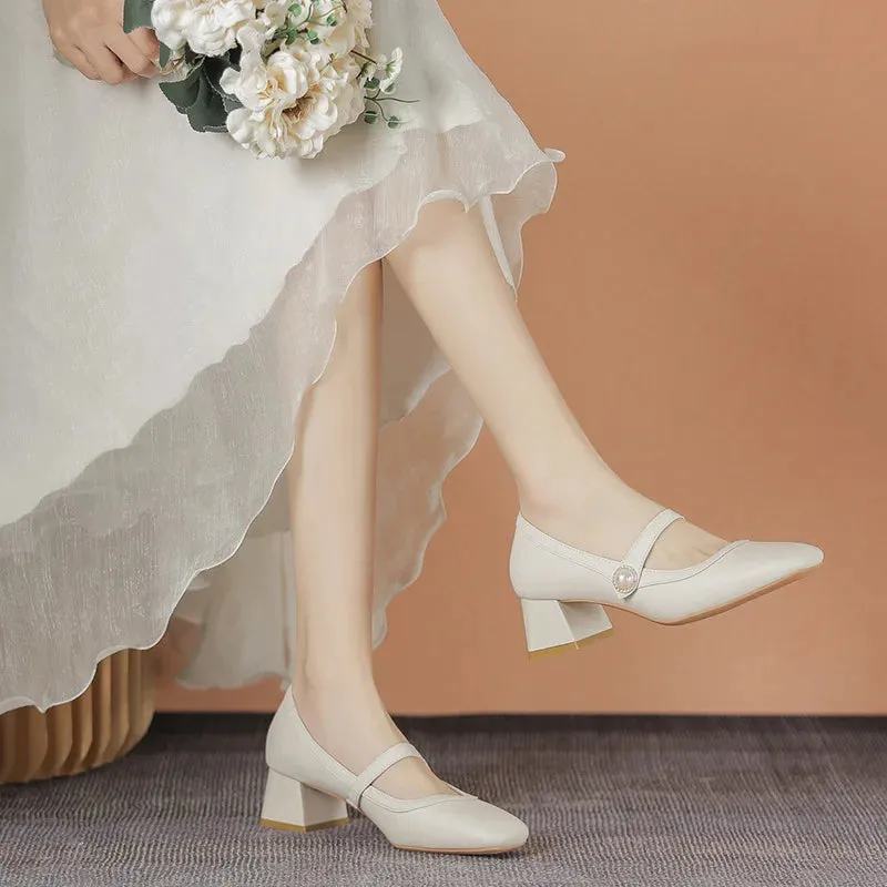 Amozae-Chunky Heel Women Mary Jane Shoes Pearl Square Head High Heels Comfy Casual Office Shoes for Women Leather Fashion Mary Jane