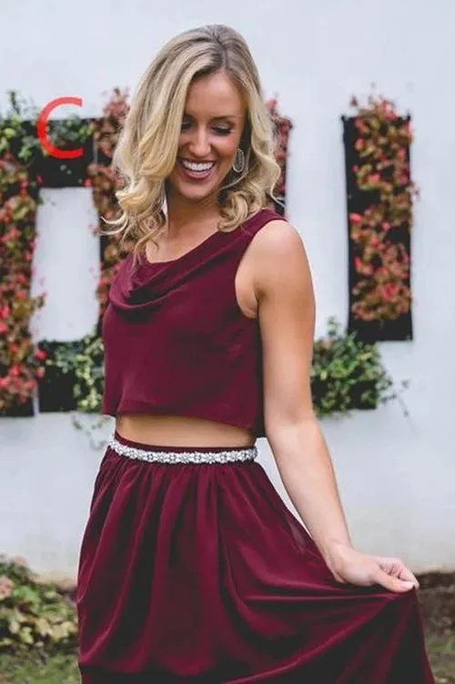 Maroon Chiffon Two Piece Bohemia A Line Long Bridesmaid Dresses UQB0010