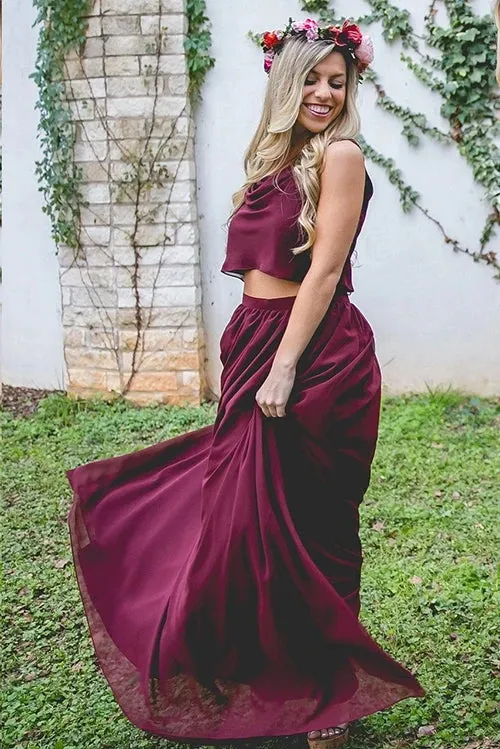 Maroon Chiffon Two Piece Bohemia A Line Long Bridesmaid Dresses UQB0010